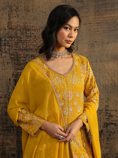 Libas Art Mustard Embroidered Georgette A-Line Suit Set With Dupatta