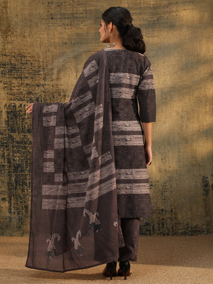 Libas Grey Ajrakh Printed Cotton Straight Suit Set