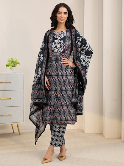 Libas Dark Grey Dabu Print Cotton Straight Suit Set