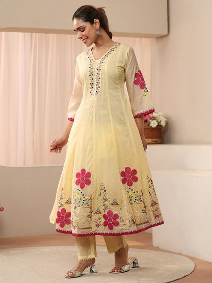 Libas Ivory Floral Embroidered Silk Blend A-line Suit Set