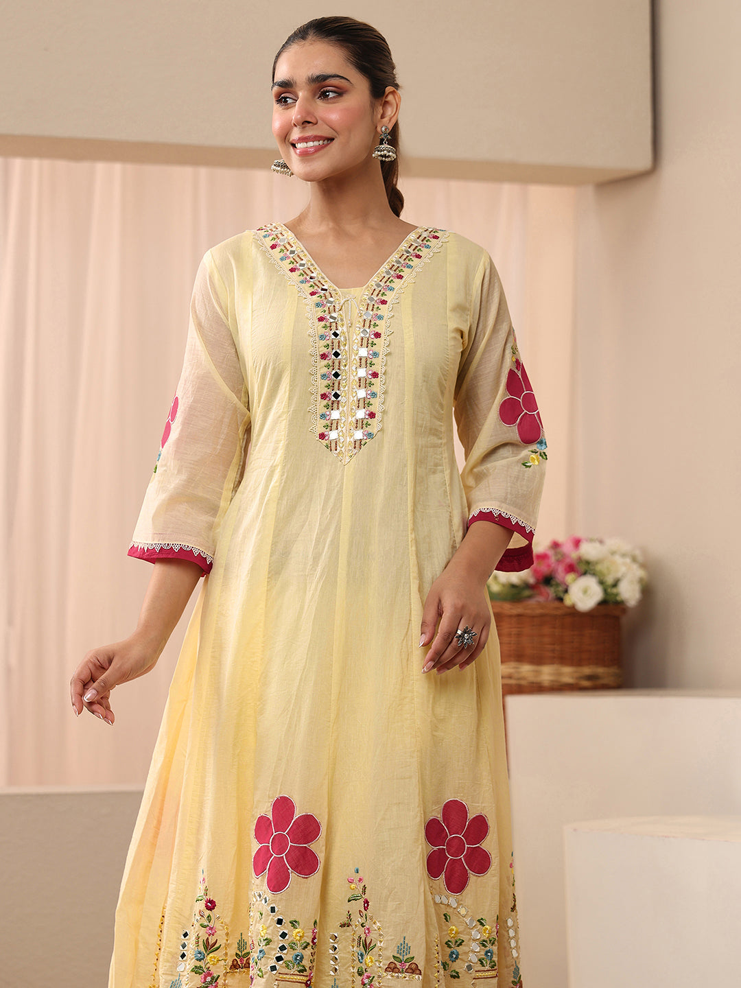 Libas Ivory Floral Embroidered Silk Blend A-line Suit Set