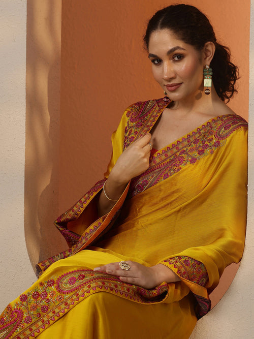 Libas Mustard Solid Chiffon Saree With Unstitched Blouse Piece