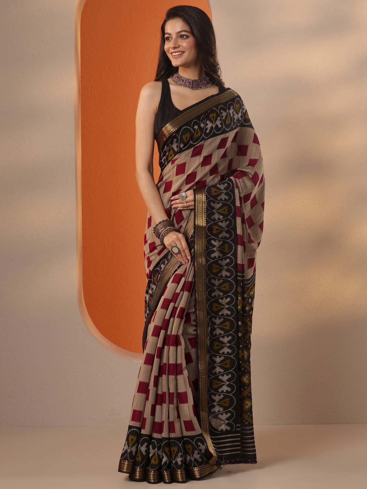 Libas Beige Printed Silk Blend Saree With Unstitched Blouse Piece