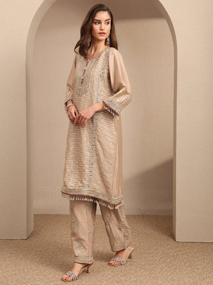 Libas Beige Embroidered Silk Blend Straight Suit Set With Dupatta