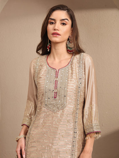 Libas Beige Embroidered Silk Blend Straight Suit Set With Dupatta