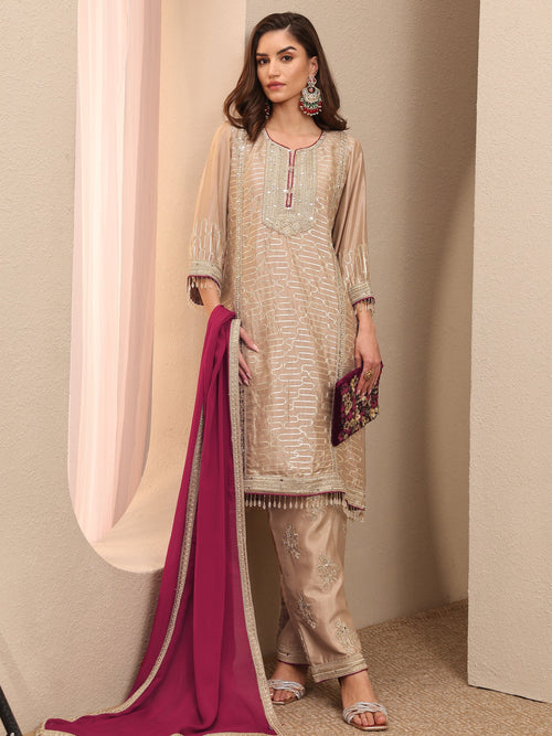 Libas Beige Embroidered Silk Blend Straight Suit Set With Dupatta