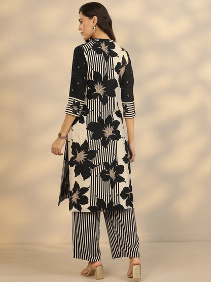 Libas Black Printed Silk Blend Straight Kurta Set