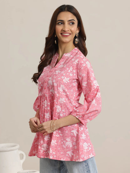 Libas Pink Printed Cotton Anarkali Short Kurti