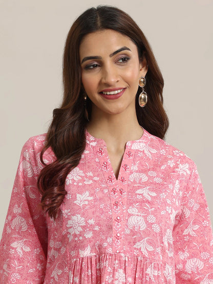 Libas Pink Printed Cotton Anarkali Short Kurti