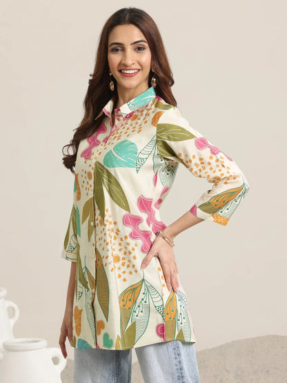 Libas Beige Printed Silk Blend Straight Short Kurti
