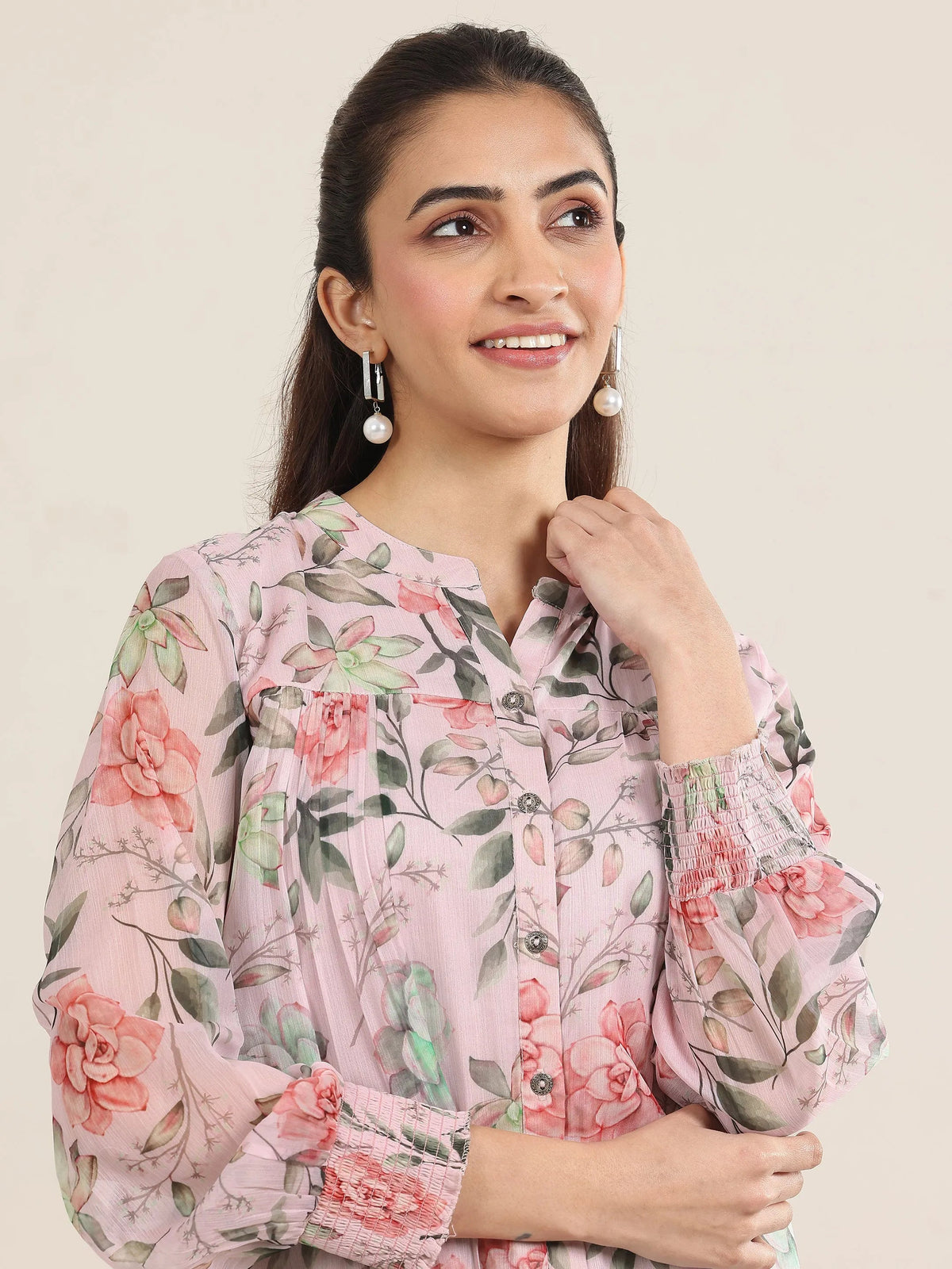 Libas Pink Printed Chiffon Straight Short Kurti