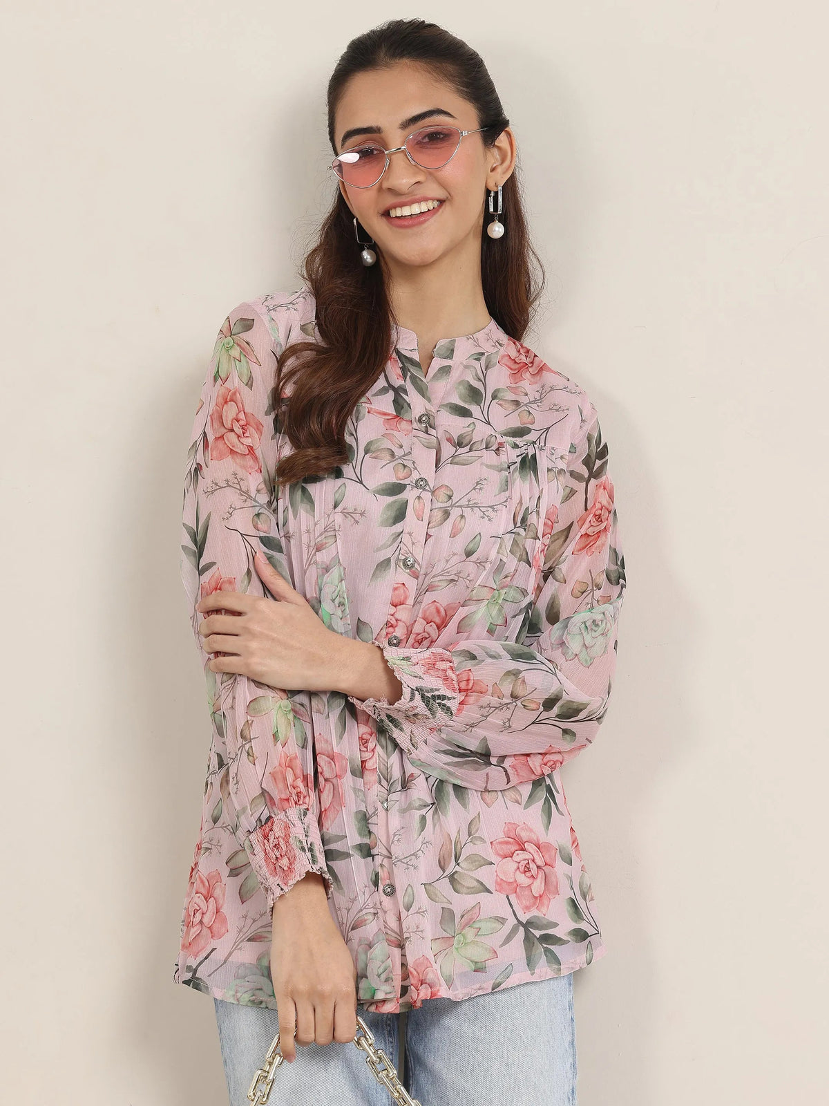Libas Pink Printed Chiffon Straight Short Kurti
