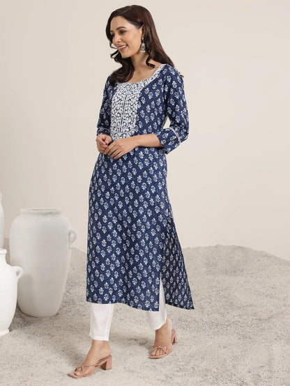 Libas Indigo Printed Silk Blend Straight Kurta