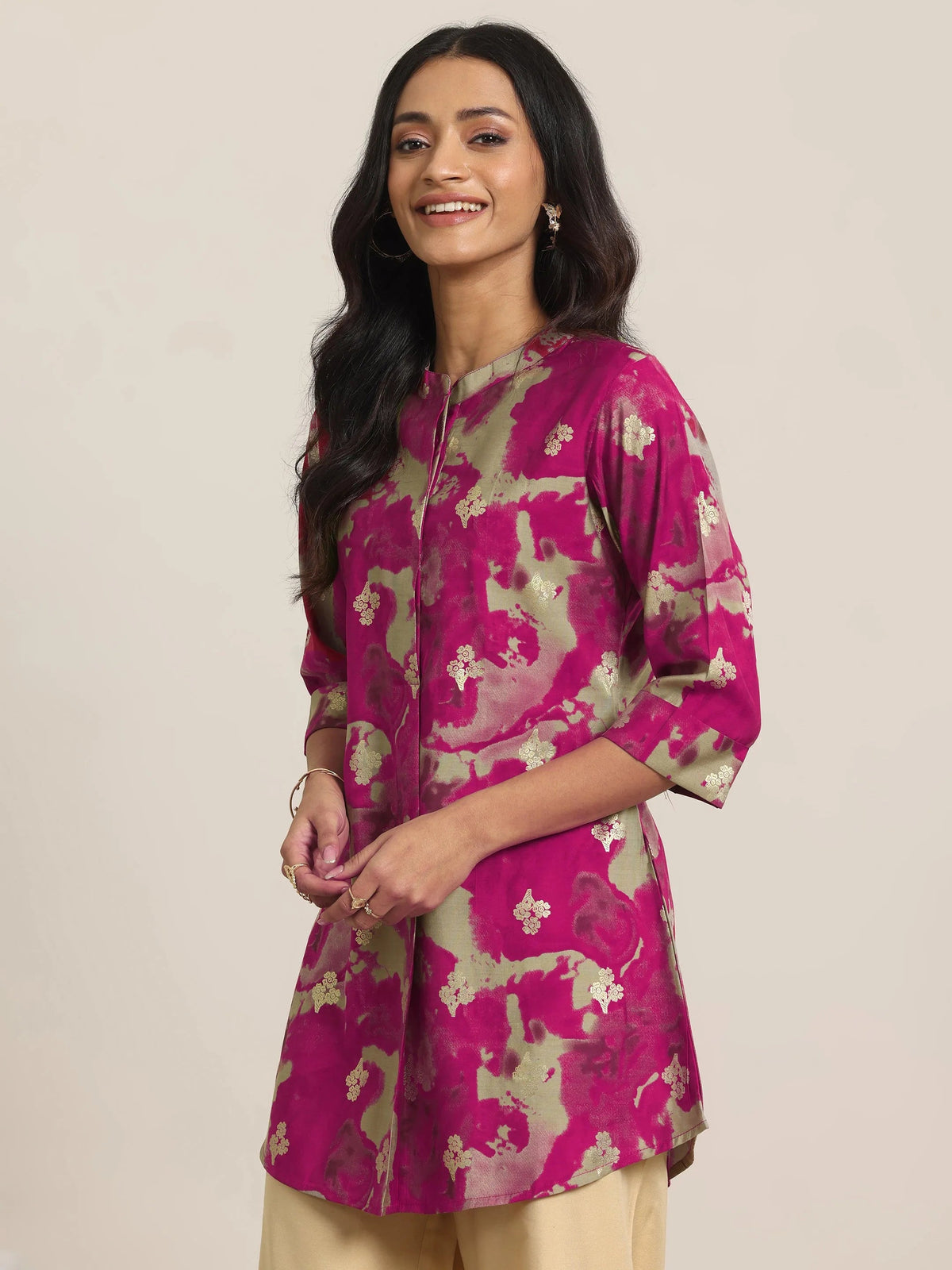 Libas Pink Printed Silk Blend Straight Short Kurti