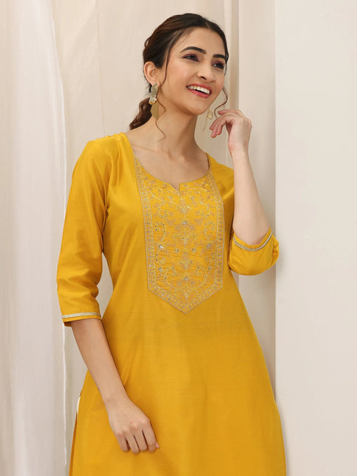 Libas Mustard Yoke Design Silk Straight Kurta