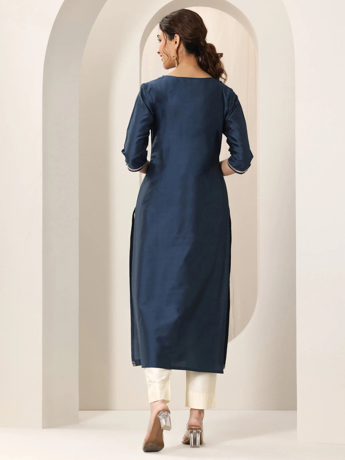 Libas Navy Blue Yoke Design Silk Straight Kurta