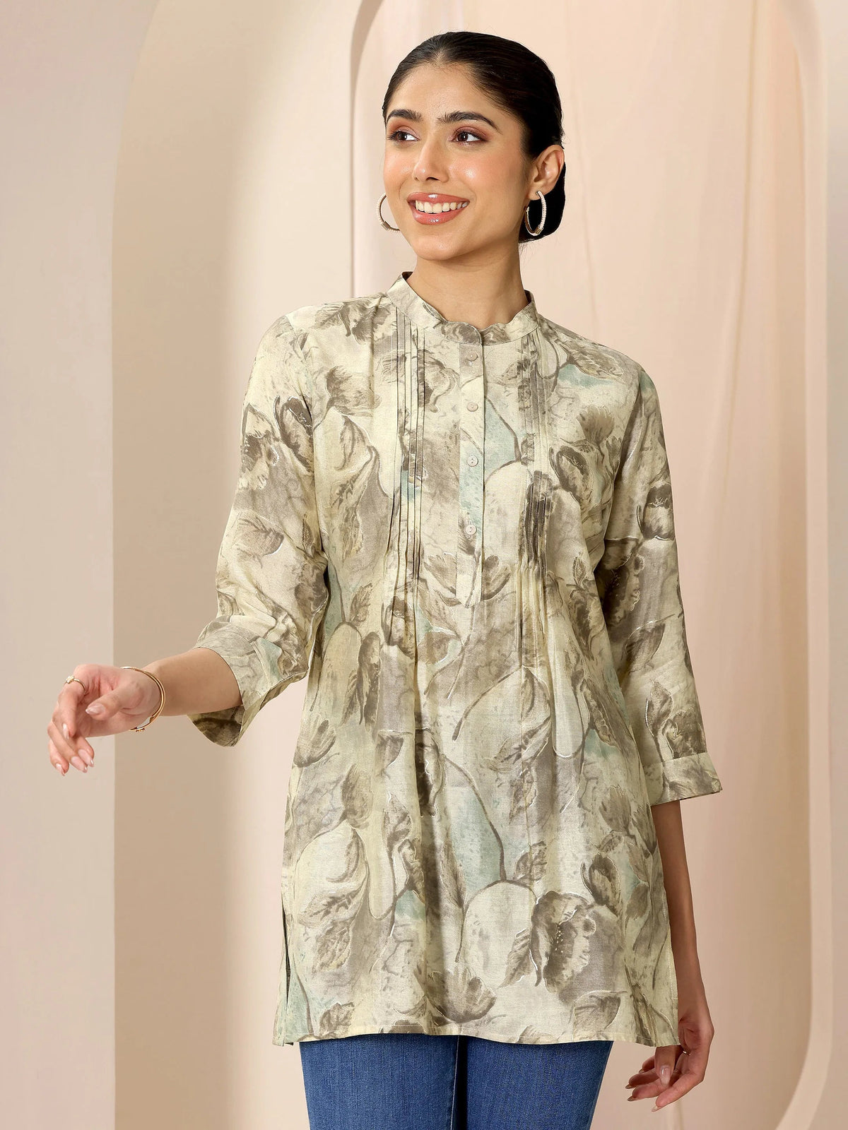 Libas Beige Printed Silk Blend Straight Short Kurti
