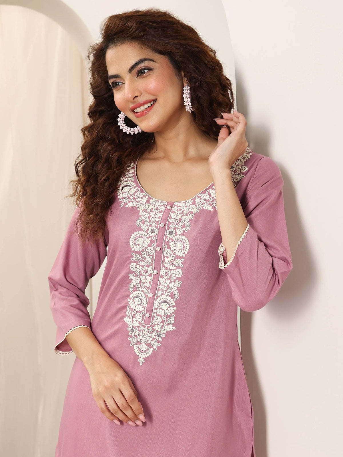 Libas Pink Yoke Design Rayon Straight Kurta