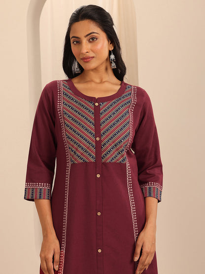 Libas Maroon Printed Cotton Blend A-Line Kurta