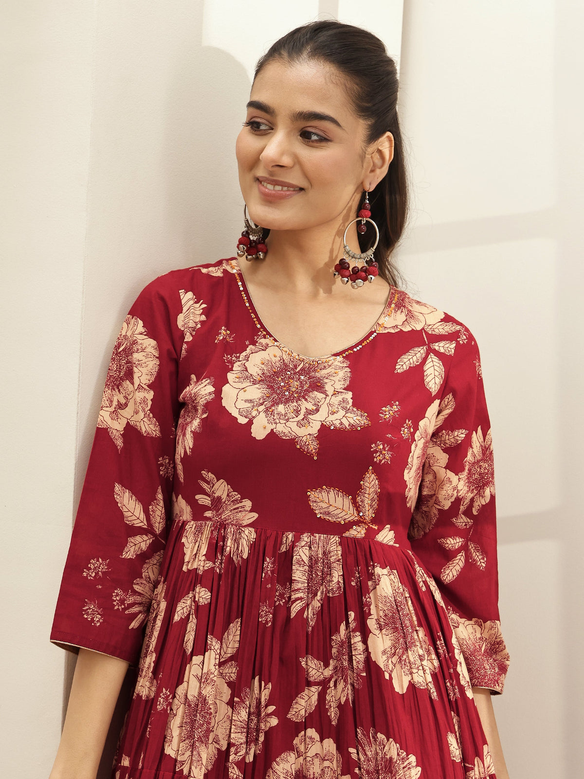 Libas Maroon Printed Cotton Blend Fit and Flared One Piece Dress
