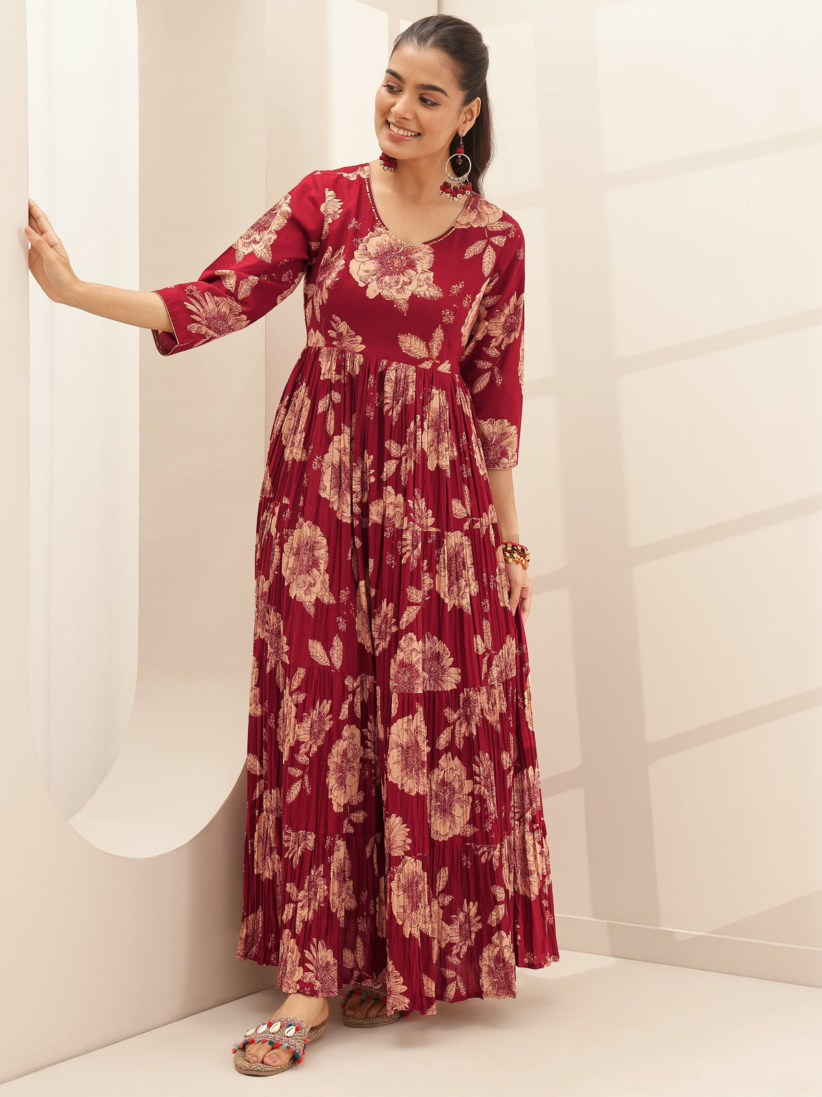Libas Maroon Printed Cotton Blend Fit and Flared One Piece Dress
