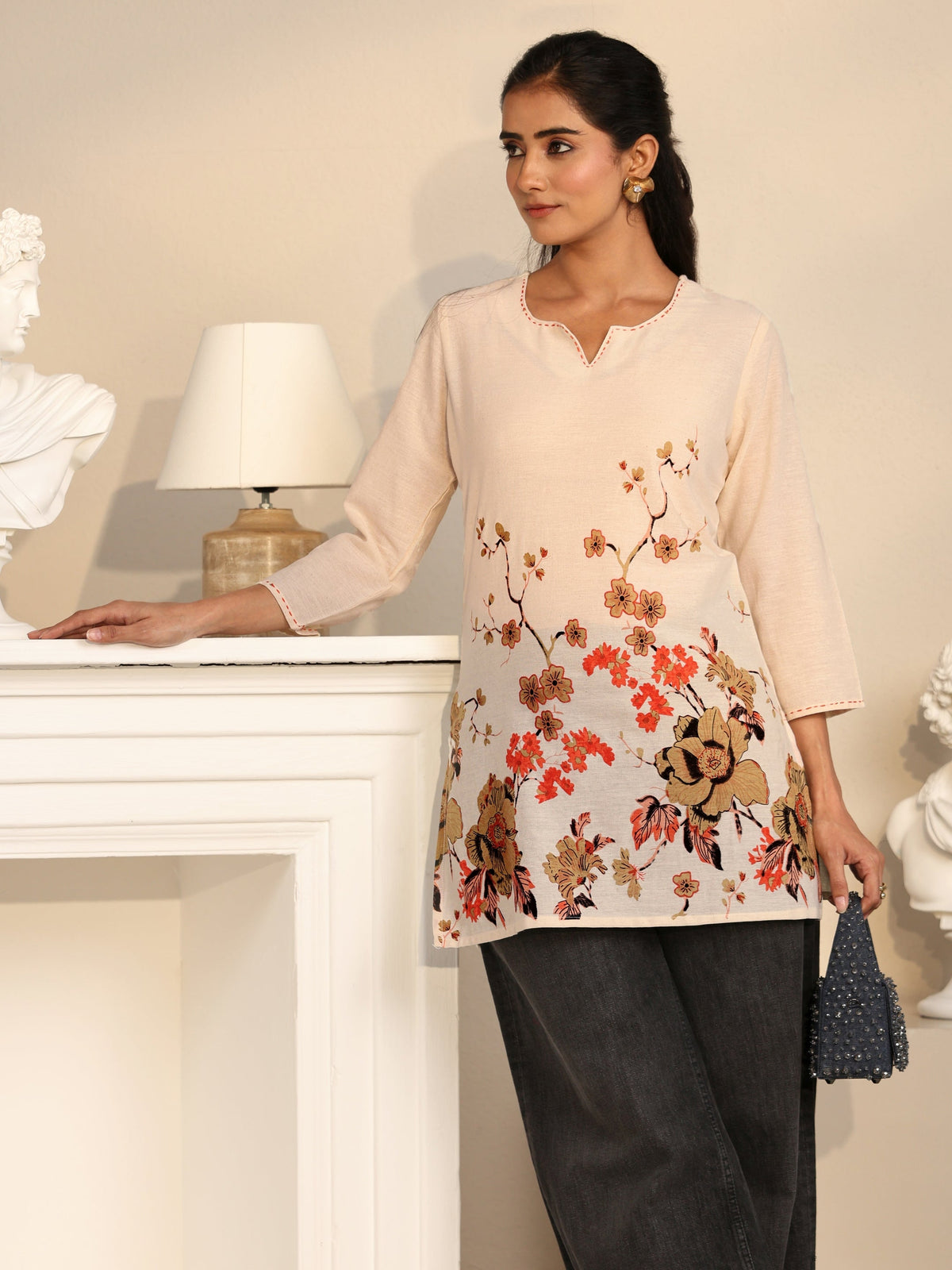 Libas Off White Floral Printed Cotton Blend Short Kurti