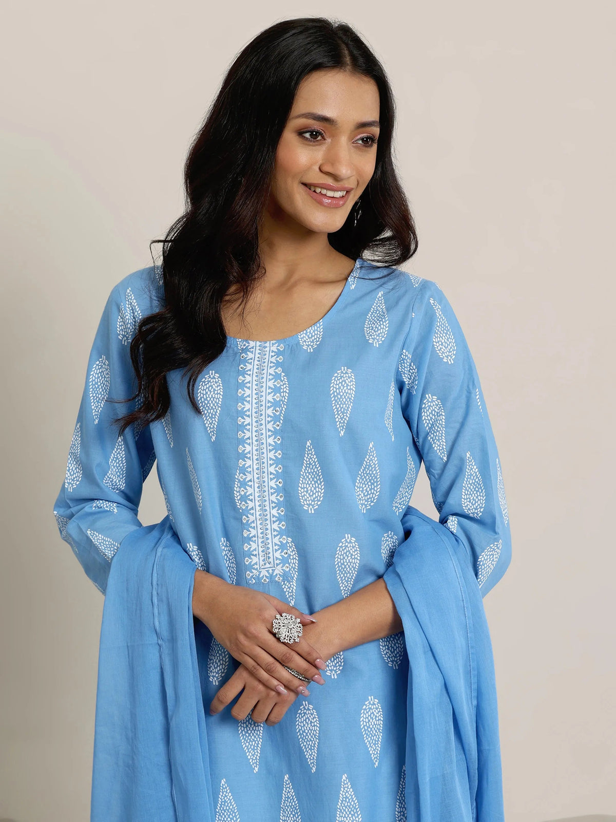 Libas Blue Printed Cotton Straight  Suits With Dupatta