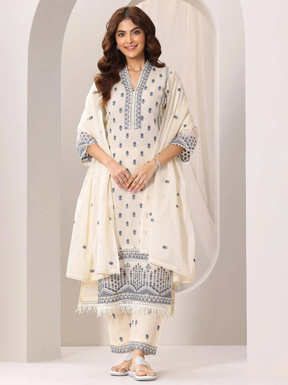 Libas Off White Embroidered Cotton Straight Suit Set With Dupatta