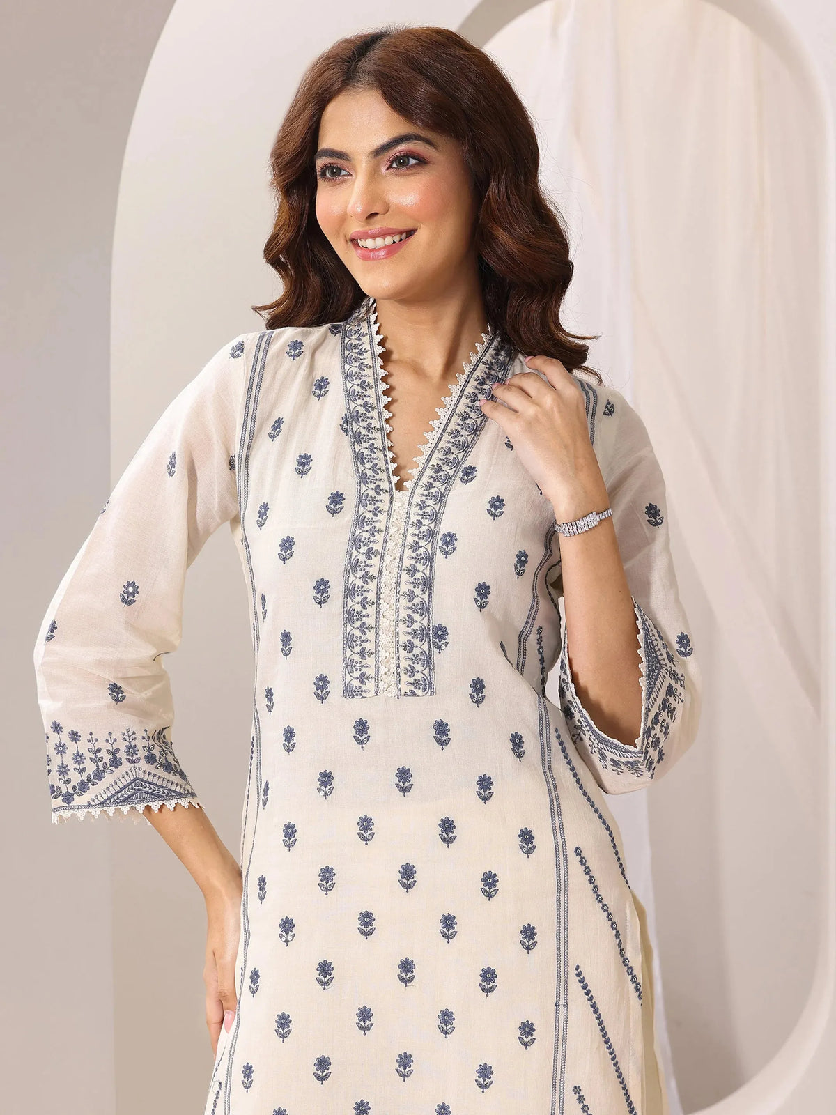 Libas Off White Embroidered Cotton Straight Suit Set With Dupatta