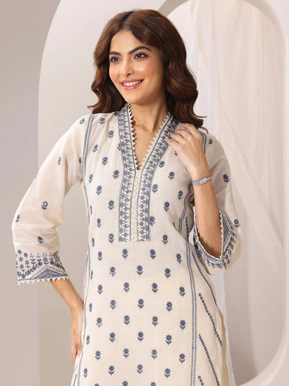 Libas Off White Embroidered Cotton Straight Suit Set With Dupatta