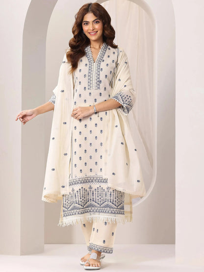Libas Off White Embroidered Cotton Straight Suit Set With Dupatta