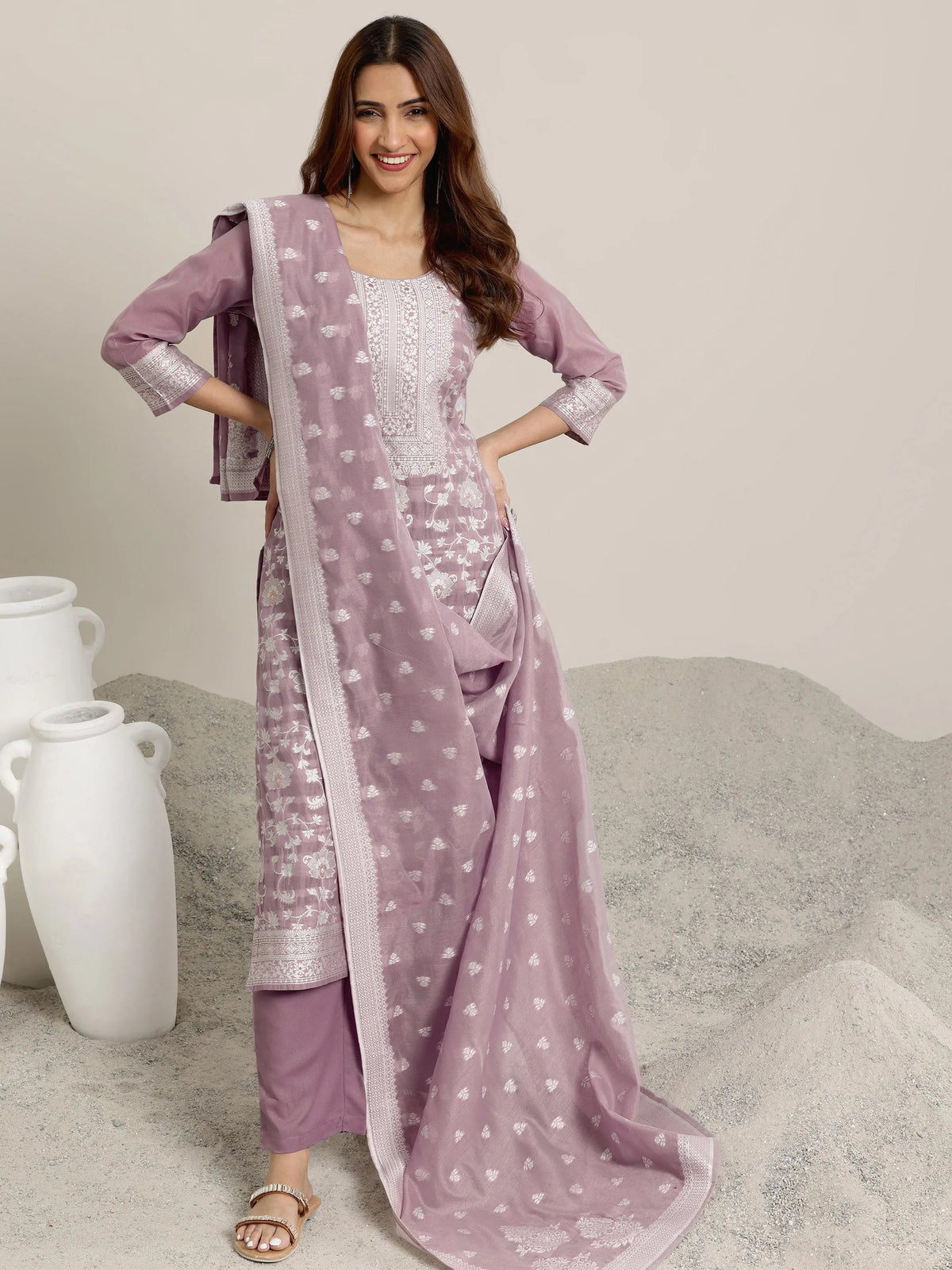 Libas Mauve Woven Design Chanderi Silk Straight  Suits With Dupatta