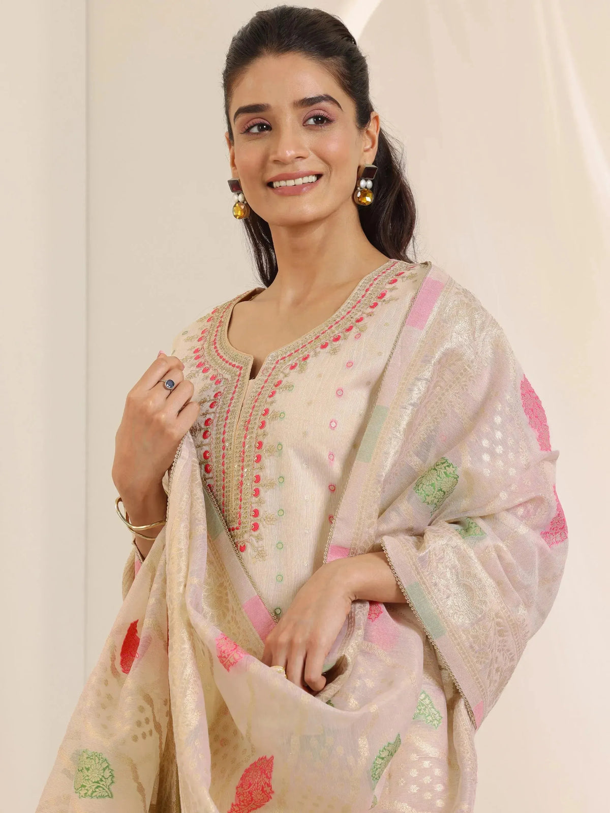 Libas Off White Woven Design Chanderi Silk Straight Suit Set With Dupatta