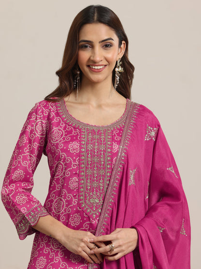 Libas Pink Printed Chinon Straight Suit Set With Dupatta