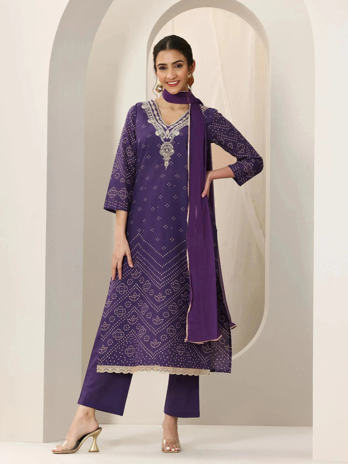 Libas Purple Printed Cotton Straight Suit Set With Dupatta