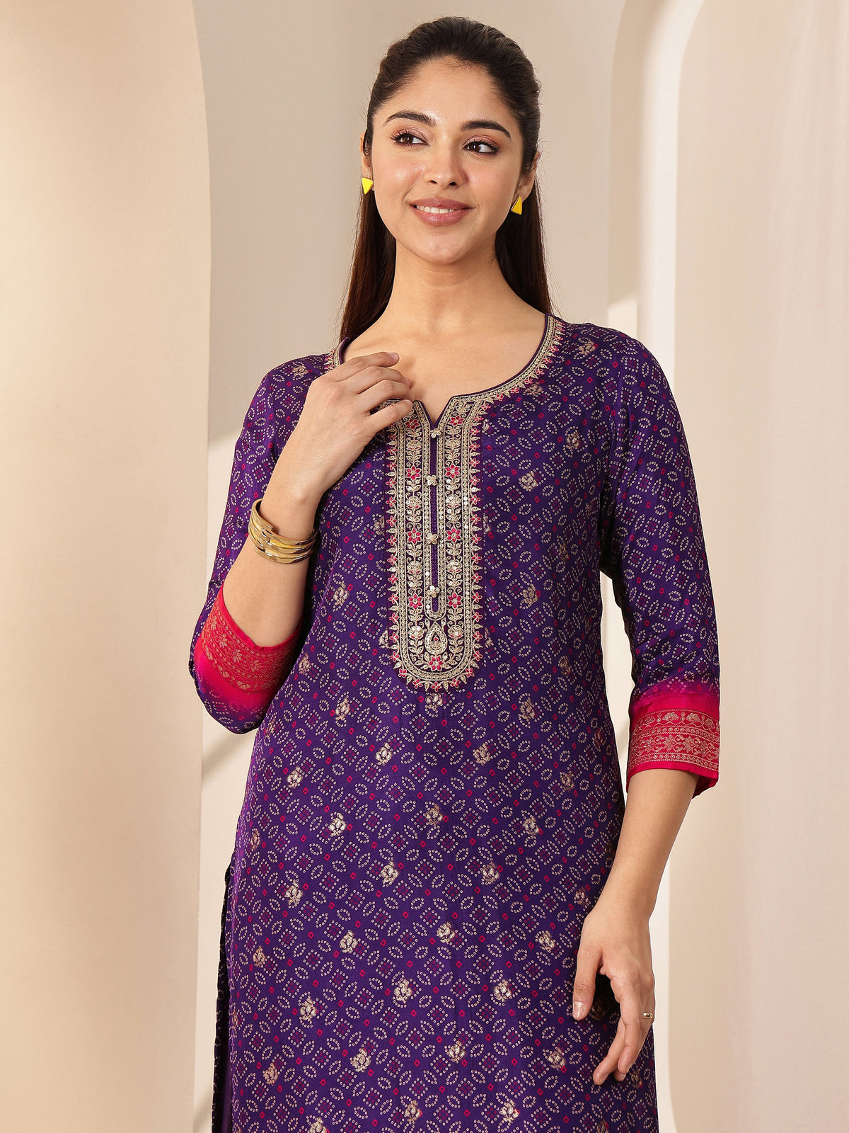 Libas Purple Printed Silk Blend Straight Suit Sets With Dupatta