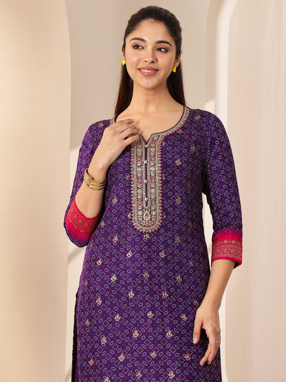 Libas Purple Printed Silk Blend Straight Suit Sets With Dupatta