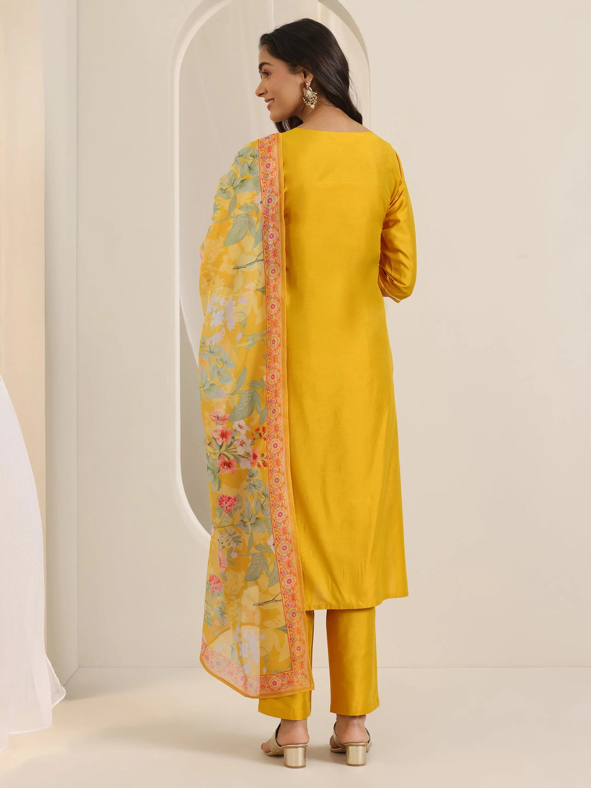 Libas Mustard Embroidered Silk Blend Straight Suit Set With Dupatta