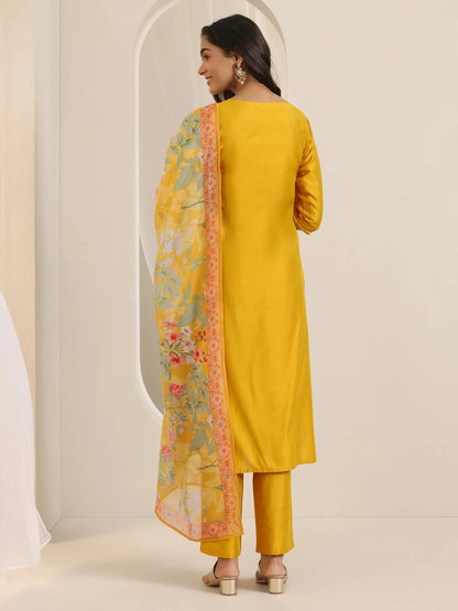 Libas Mustard Embroidered Silk Blend Straight Suit Set With Dupatta