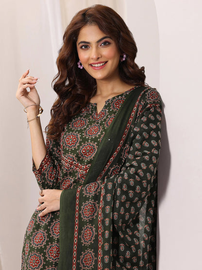 Libas Green Printed Cotton Straight Suit Set With Dupatta