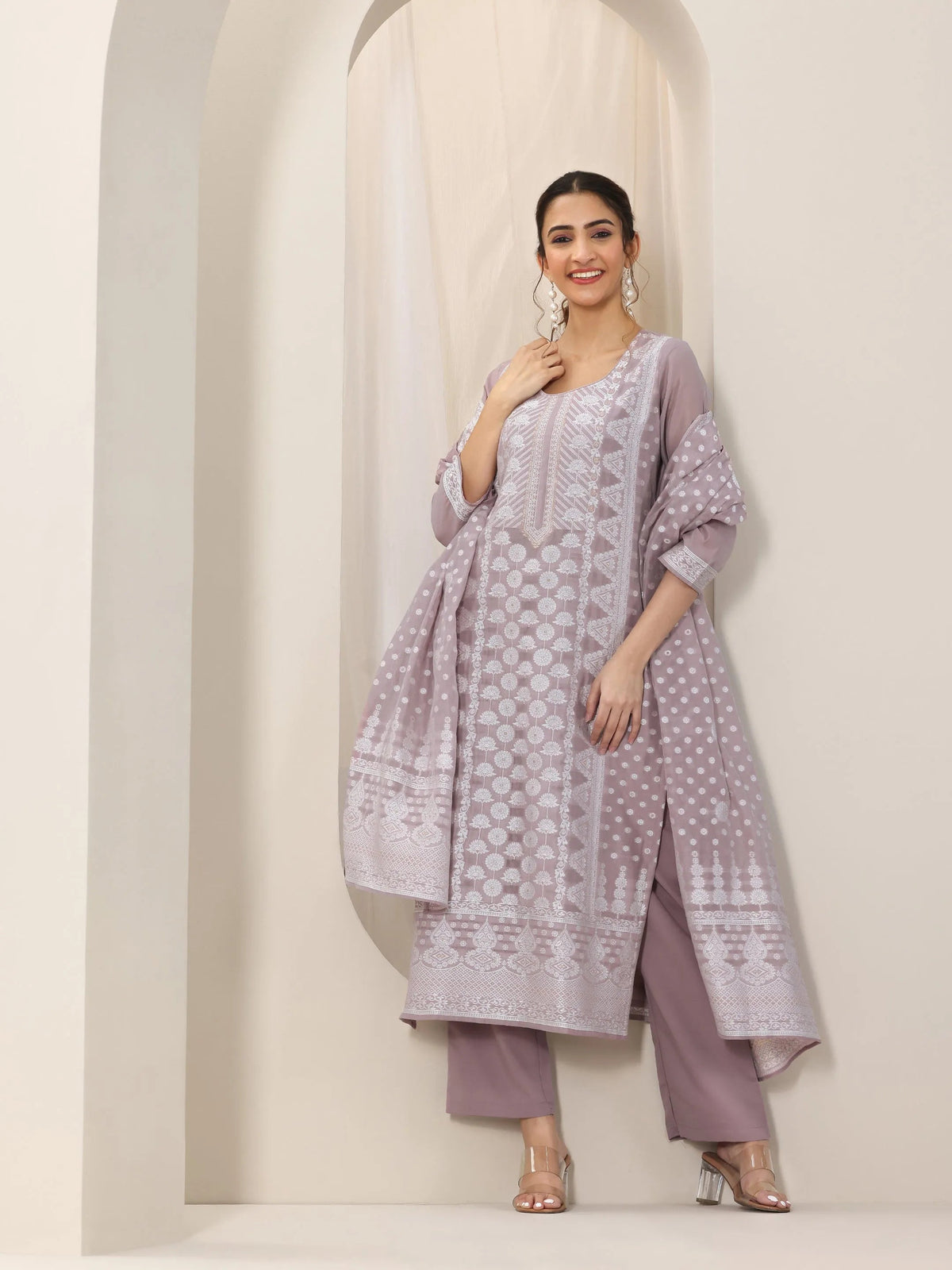 Libas Mauve Woven Design Chanderi Silk Straight Suit Set With Dupatta