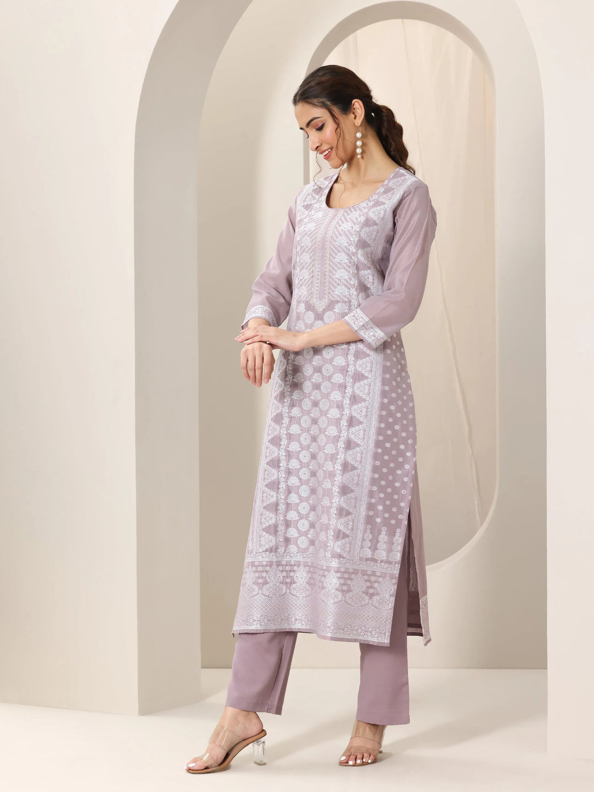 Libas Mauve Woven Design Chanderi Silk Straight Suit Set With Dupatta
