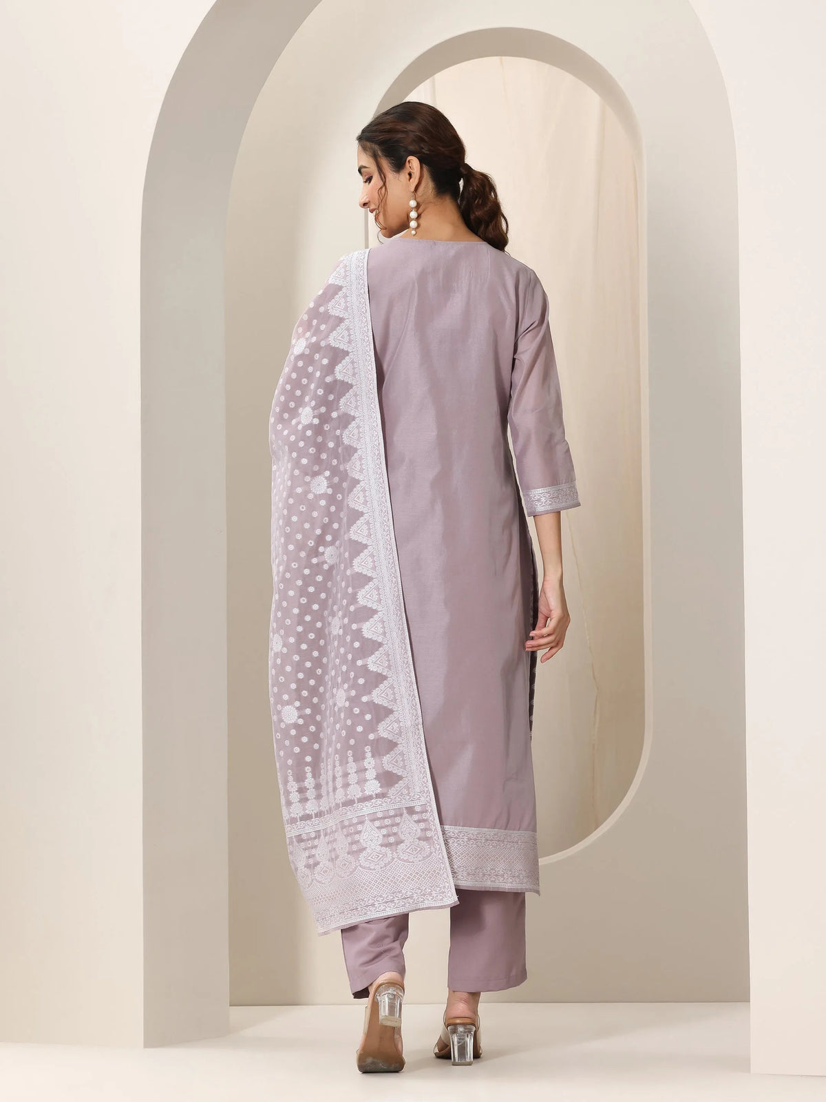 Libas Mauve Woven Design Chanderi Silk Straight Suit Set With Dupatta
