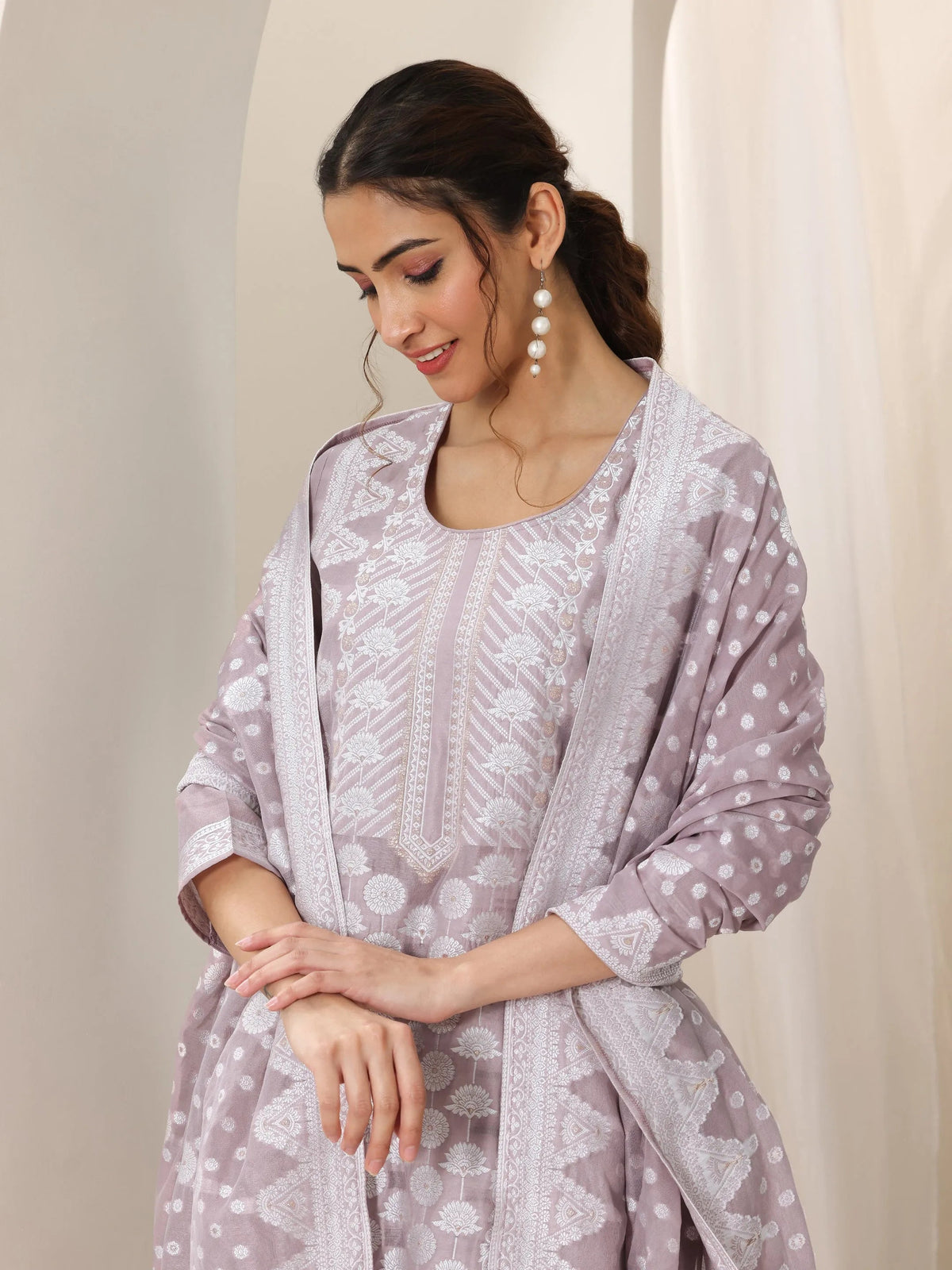 Libas Mauve Woven Design Chanderi Silk Straight Suit Set With Dupatta