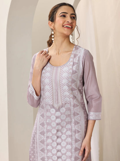 Libas Mauve Woven Design Chanderi Silk Straight Suit Set With Dupatta