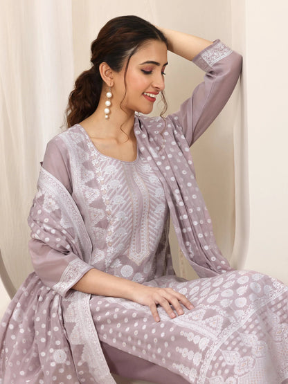 Libas Mauve Woven Design Chanderi Silk Straight Suit Set With Dupatta