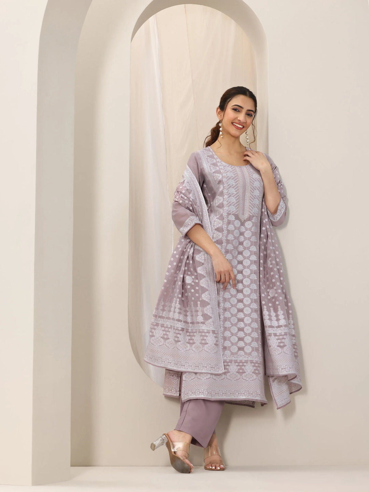 Libas Mauve Woven Design Chanderi Silk Straight Suit Set With Dupatta