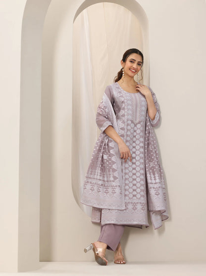 Libas Mauve Woven Design Chanderi Silk Straight Suit Set With Dupatta