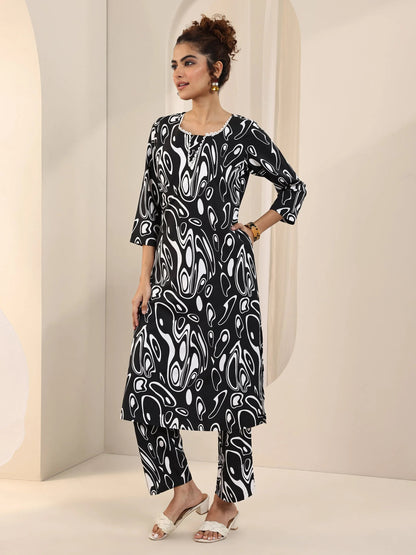 Libas Black Printed Silk Blend Straight Kurta Set
