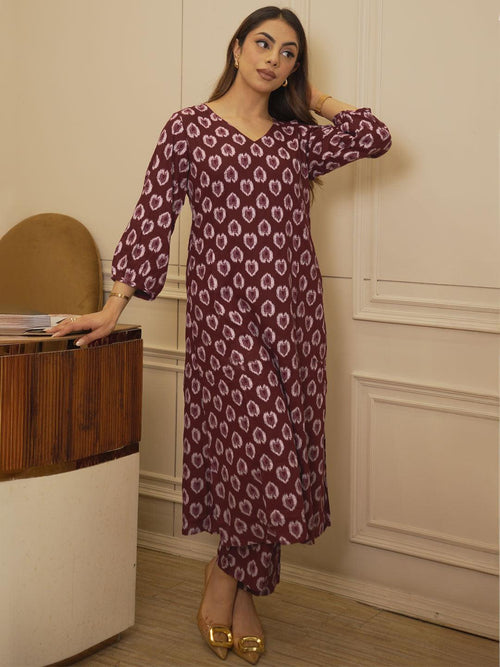 Libas Maroon Printed Rayon Straight Kurta Set